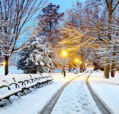 Winter Scene with Exterior Lighting and Snow